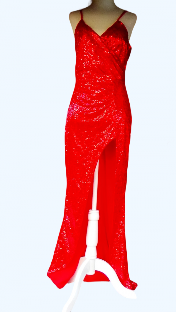 Red Embellished Sparkle Glitter shoulder Straps zipper Maxi Dress